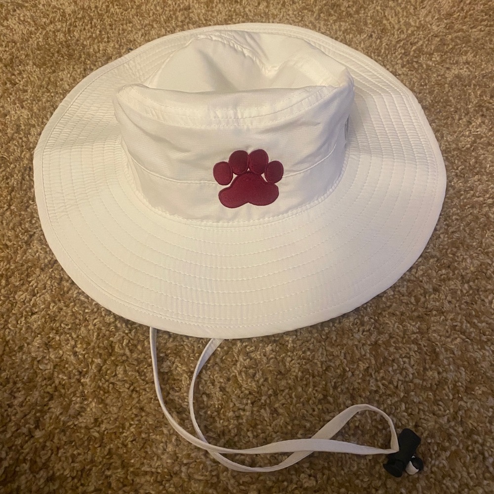 bucket hat with drawstring and maroon paw print-brand new